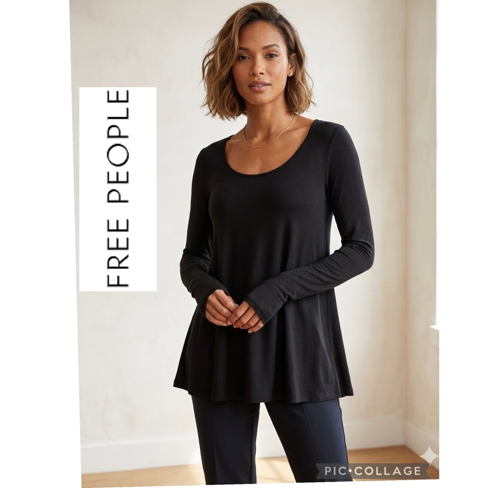 Free People Black Ribbed Long Sleeve Scoop Neck Tunic Top XS Dark Academia